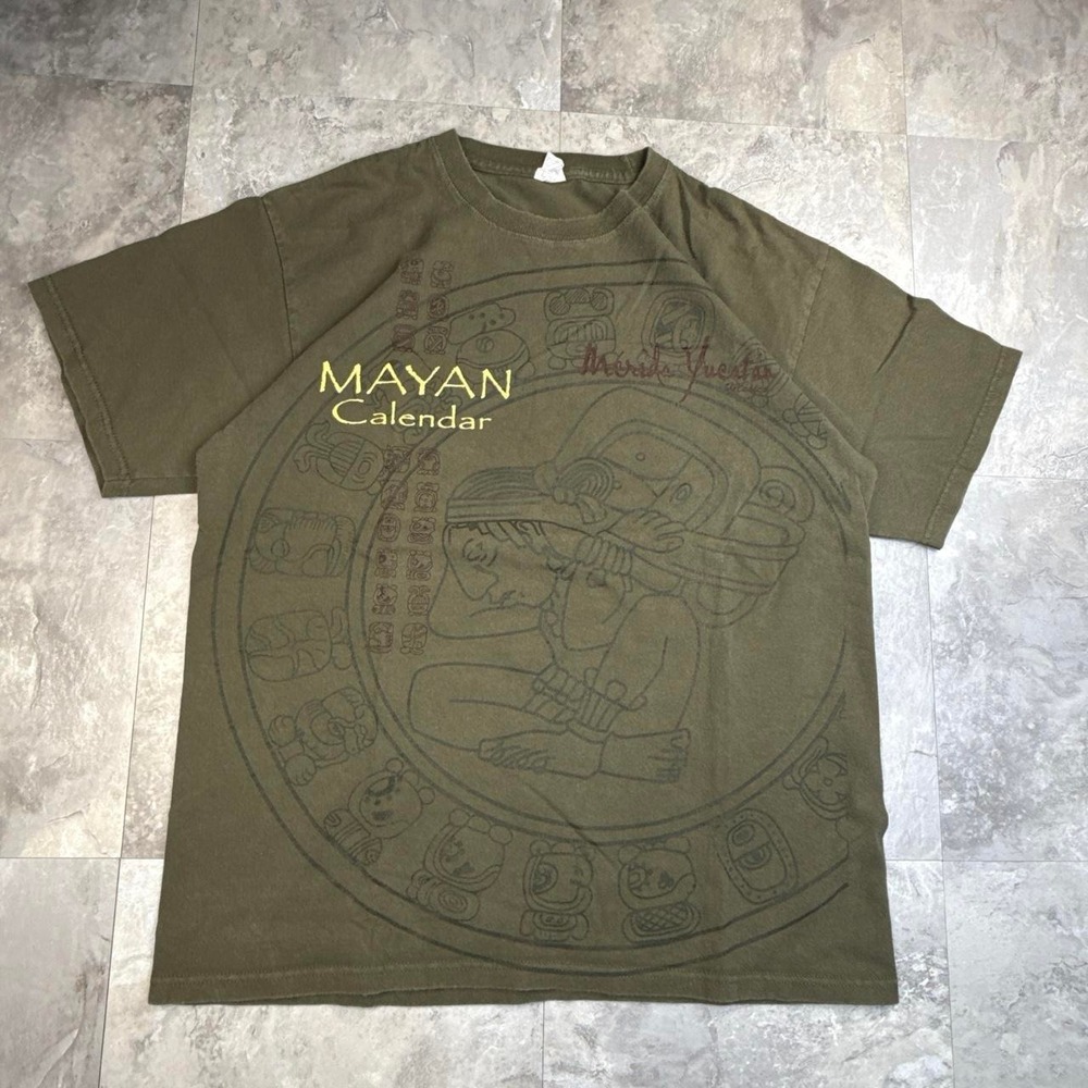 Vintage green aop Mayan calendar tribal graphic T shirt size large